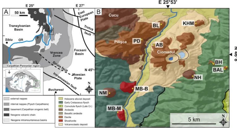 Fig. 1. (A) Simpliﬁed geological map about the location of the Călimani-Gurghiu-Harghita volcanic chain in the Carpathian-Pannonian region (modiﬁed after Cloetingh et al., 2004 and Harangi et al., 2013)