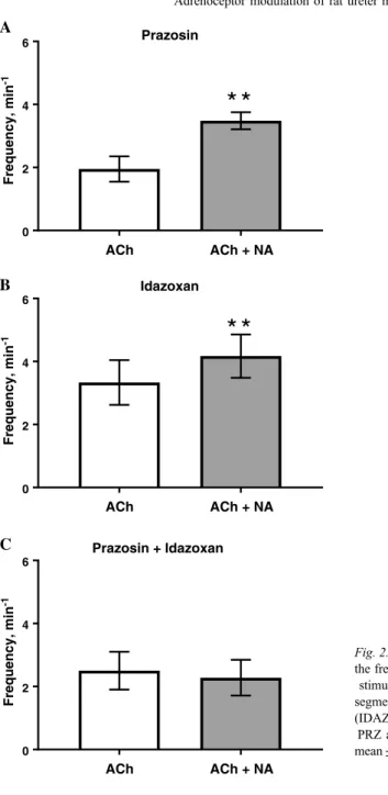 Fig. 2. The in ﬂ uence of noradrenaline (NA) on the frequency (min −1 ) of acetylcholine  (ACh)-stimulated contractile responses of rat ureter segments in prazosin (PRZ; panel A), idazoxan (IDAZ; panel B), and the combination of both PRZ and IDAZ (panel C)