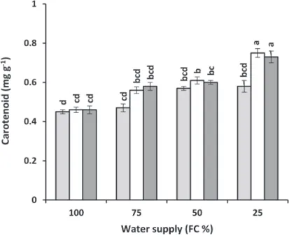 Fig. 1. Changes in carotenoids of mustard leaves affected by spermidine and putrescine under different  levels of water supply