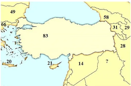 Figure 1. The number of earthworm taxa in Turkey and adjacent countries reported in the  literature