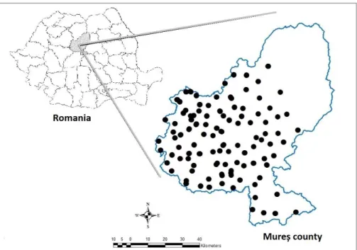 Fig. 1 The distribution of the surveyed arable fields across the study area (Mureș county, 563 