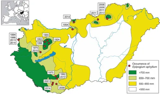Fig. 2. Occurrences of Epipogium aphyllum in Hungary (marked by red dots and year of de- de-tection) with the map of average annual precipitation based on data between 1971 and 2000