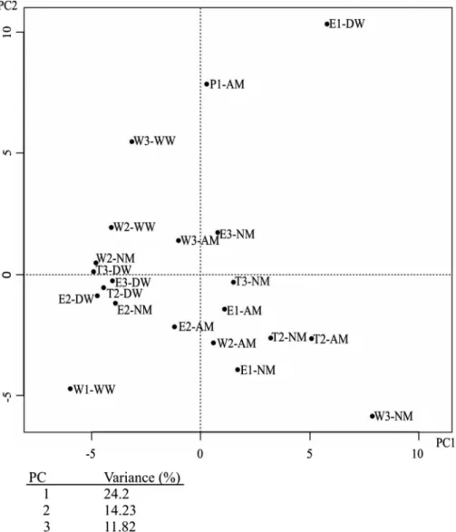 Figure 6. Two-dimensional principal component analysis (PCA) plot of T-RFLP data retrieved from investigated drinking water network and nitrifying enrichments archaeal communities