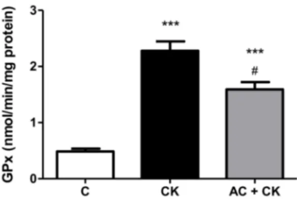 Figure 7. GPx enzyme activity in Caco-2 cells. Caco-2 cells were treated for 24 h with culture medium (C), pro-inflammatory cytokines (CK; 50 ng/mL TNF-α and 25 ng/mL IL-1β), or pre-treated with 50 µM anthocyanins before CK treatment (AC + CK)