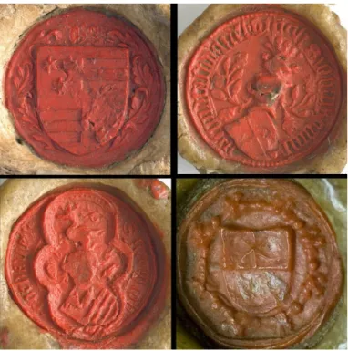 Figure 5. Seals of Ulrich, count of Cillei/Cilli/Celje (top-left corner), John Kórógyi, count of Castell  (top-right corner), and Gregory Korbáviai, count of Korbávia (Krbava, bottom-left corner) from 1440