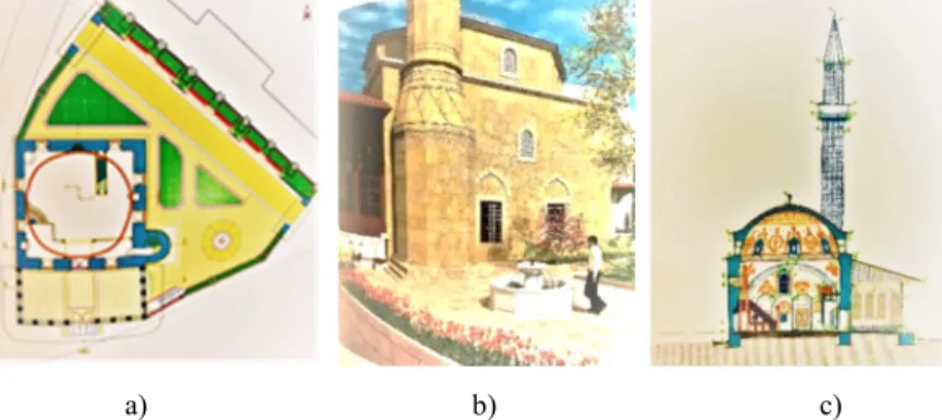 Fig. 5. Few most recent restoration details, after 2016: a) the site layout and the communication  paths; b) the façade, minaret and windows; c) intersection with interior details   (Source: KIPM/TIKA project, reference [3], provided by the Ministry of Cul