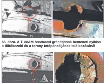 68. ábra. A T–55AM harckocsi gránátjának bemeneti nyílása  a töltőkezelő és a torony tetőpáncéljának találkozásánál