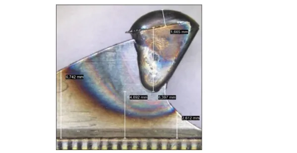 Figure 3 – Weld shape and HAZ geometry of a tooth created with preliminary experi- experi-ment; the measures were performed by using JMicroVision image anaylser 