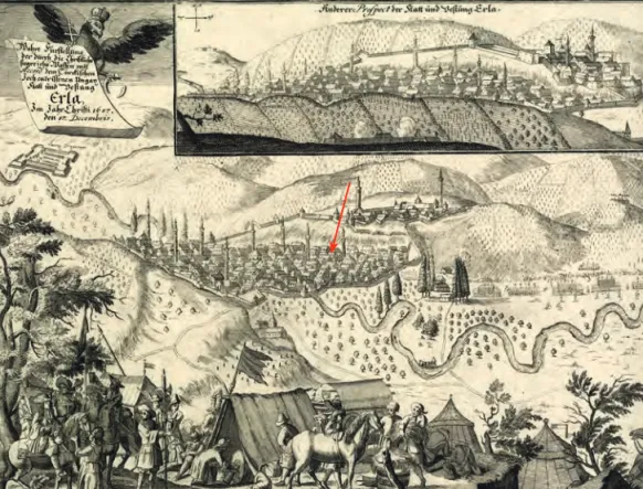 Figure 49 . View of Eger, 1687. The red arrow points to the location of the steam baths
