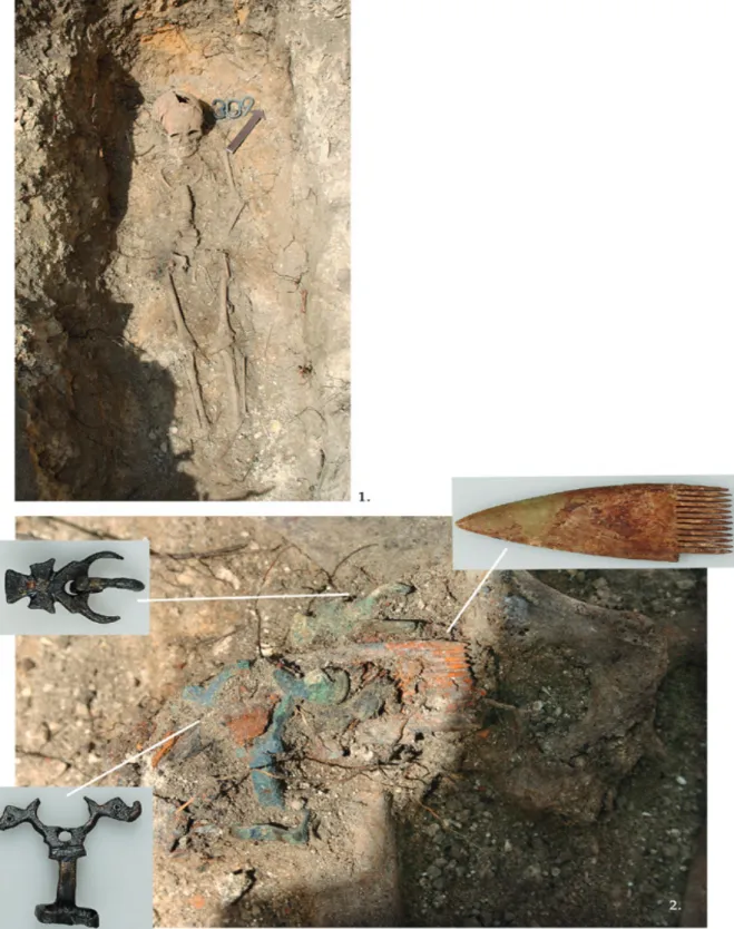 3. ábra. 1. A 309. sír fotója; 2. A 309. sír tarsolyának fotója a leletekkel