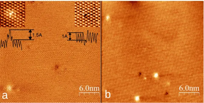 Figure 2. Ambient stability of 2D MoSe 2  basal plane. Atomic resolution STM images (5mV,  1nA) of 2D MoSe 2  crystals on Au (111) substrate freshly prepared (a) and after 1 year of  ambient exposure (b), revealing a remarkable ambient stability of the bas