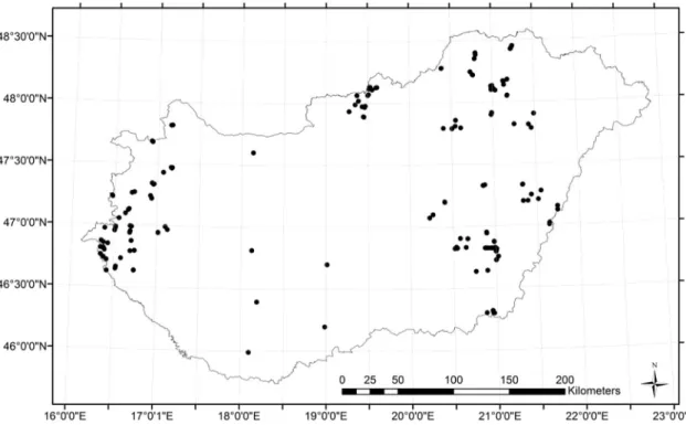 Fig. 1. The distribution of the 180 surveyed oil pumpkin ﬁelds across Hungary (a single point may represent multiple ﬁelds).