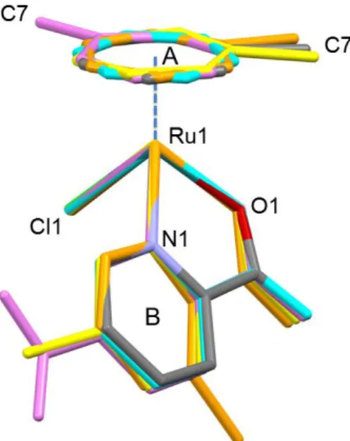 Figure  2.  Comparison of molecular structures of Ru(II)(η 6 -toluene)  picolinate  complexes  1  (colored  by  element),  2  (orange), 3  (yellow),  5  (violet) together  with  [Ru( 6 -C 6 H 6 )(pic)(Cl)] (CSD  Ref