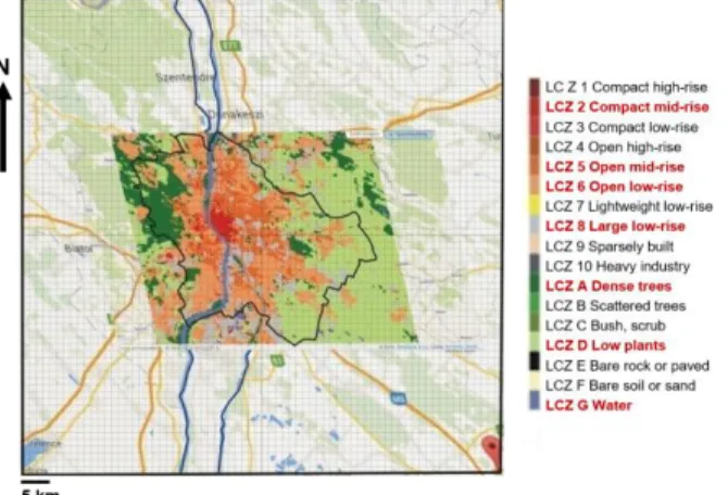 Fig. 2: The local climate zone map of Budapest  transformed to the MODIS grid (70 × 70 km 2  domain)