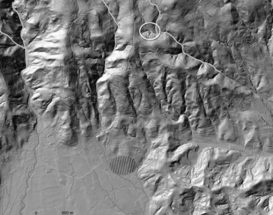 Fig. 7. Pohorje slopes with position of the Modrič Mithraeum, settlement remains   in Čadram and secondary positions of Roman monuments at Kebelj and Tinje  