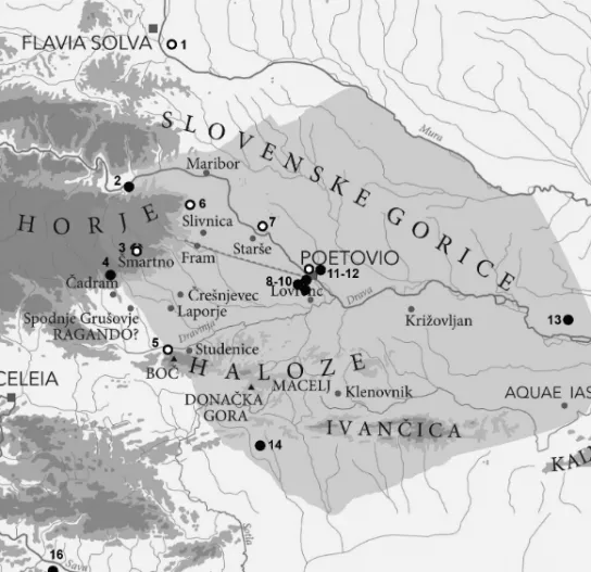 Fig. 8. Mithraic monuments between Sava and Mura Rivers projected on the proposed ager of Poetovio