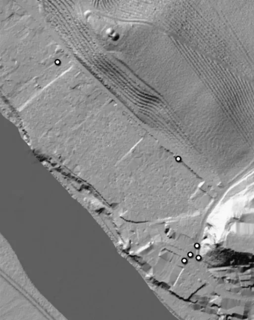 Fig. 5. Vičava with locations of Mithraic monuments in secondary position,   possibly from the Fourth Mithraeum or sanctuary of Sol (Cartography © GURS, Atlas okolja) 