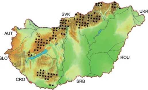 Fig. 2: Distribution map of Rosalia longicorn Rosalia alpina (Linnaeus, 1758) in Hungary  (Hegyessy &amp; Merkl 2014), modified: the red circle indicates the first occurrence (UTM: 