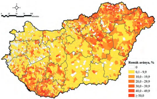 1. ábra A roma lakosság aránya a településeken 2010-13-ban, % Forrás: a Debreceni Egyetem felmérése alapján