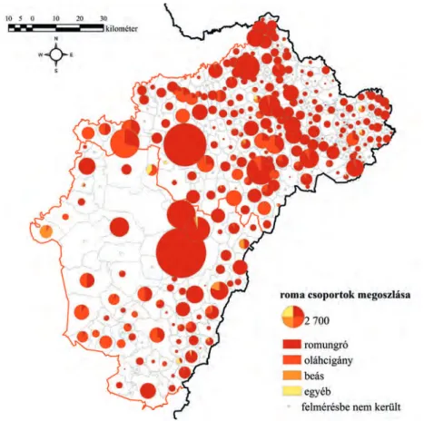 3. ábra A roma csoportok lélekszáma és megoszlása Hajdú-Bihar és Szabolcs-Szatmár-Bereg megye  vizsgált településein 2016-ban