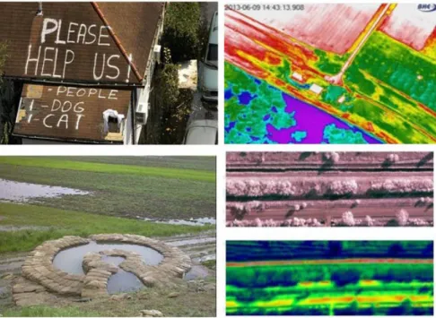 Figure 8.  Drone made images about haus need help (top left) [19], thermal images of  flood barrier during Danube flood management in 2013 in Hungary (top right) [20],  wa-ter leakage of flood barrier (bottom left) [21] and wawa-ter content measuring by th