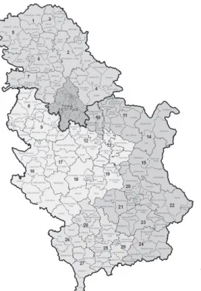 1. ábra: Szerbia statisztikai tervezési régiói Statistical planning regions in Serbia