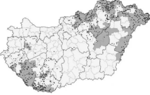 Figure 6. Areas and settlements with a high proportion of Roma population, 2011  Note:  •  Settlements  with  a  Roma  population  of  more  than  three  times  the  national  average  (3.16%)