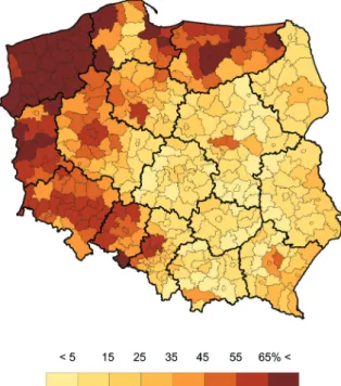 Figure 4: Share of animal production in global agricultural  production in Poland by voivodship and powiat.