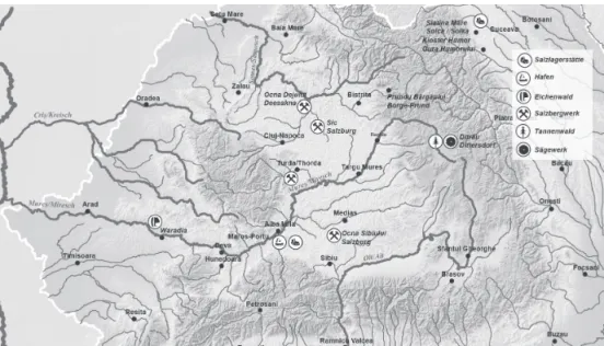 Figure 1. Salt mines and waterways in Transylvania (made by Bianca Tămăşan)