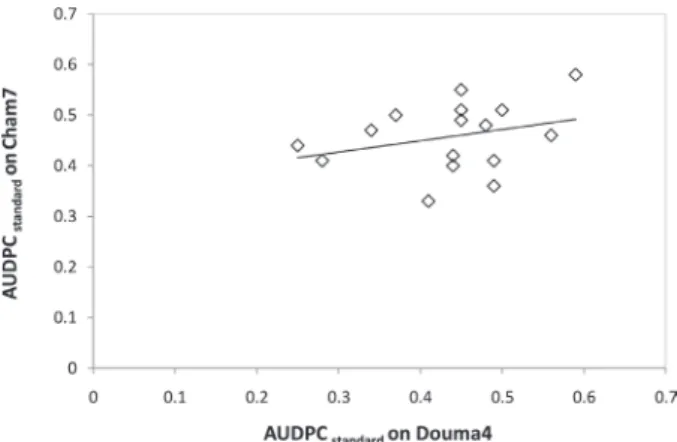 Fig. 2. Correlation between standardized area under disease progress curve (AUDPC standard )   on two Triticum sp
