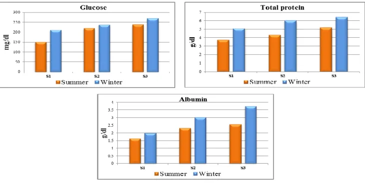 Figure  5. Seasonal variations of biochemical parameters: glucose, total protein and albumin (Mean ± S.E) in blood serum of O.niloticus  from Rosetta branch water during summer 2014 and winter 2015
