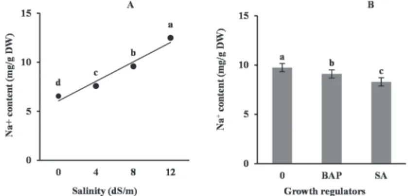 Fig. 1. Changes in Na +  content of faba bean leaves under different salinity (A) and growth regulators (B)  treatments