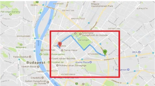 4. ábra A Táncháztalálkozó két helyszínének területi lefedettsége  Forrás: Google Maps alapján saját szerkesztés 