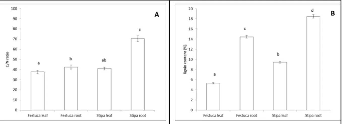 Figure 2. The C/N ratio (A) and lignin content (B) of plant parts provided during preference tests