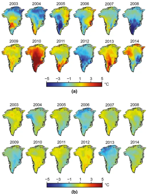 Fig. 4 a Winter and b summer temperature anomaly over Greenland between 2003 and 2014