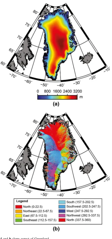 Fig. 3 a DEM and b slope aspect of Greenland