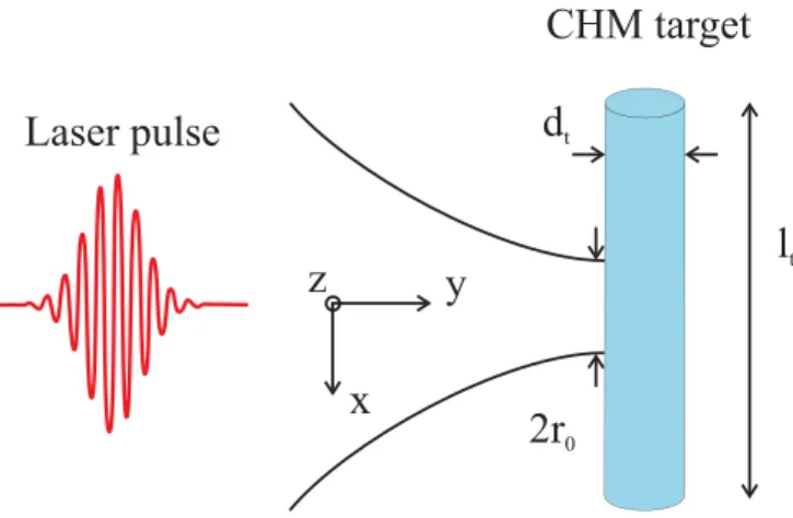 FIG. 1. Scheme of the setup for the interaction of a laser pulse with a preion- preion-ised CHM target of cylindrical shape.