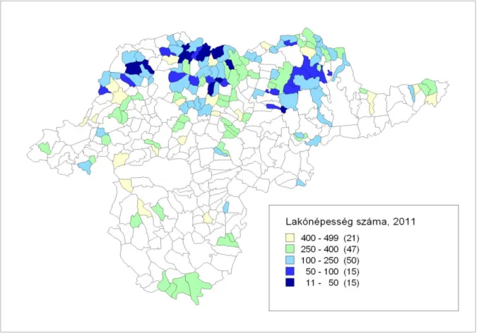 1. ábra: Az aprófalvak lakónépesség száma Borsod-Abaúj –Zemplén megyében, 2011  Forrás: sajátszerkesztés, KSH 2011-es Népszámlálási adatok alapján 