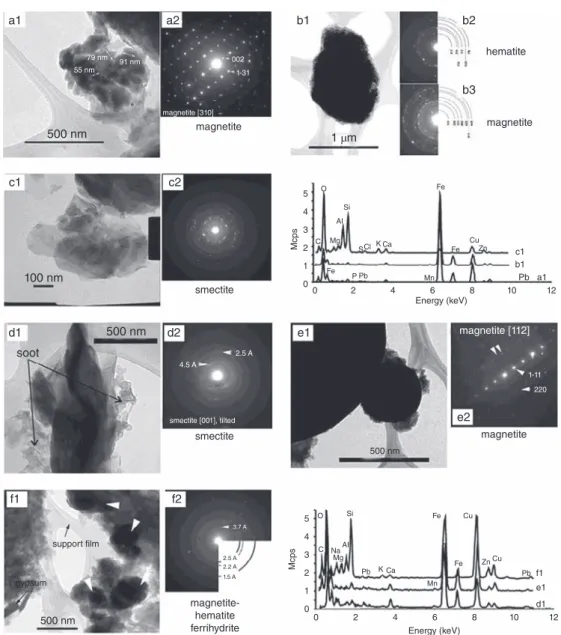 Figure 28.2  Transmission electron microscopy microphotographs (1) and electron diffraction patterns (2) of  mineral particles observed in the urban dust (a, b, and c) and suspended particulate matter (d, e, and f)  materials by TEM‐EDS analyses: (a) an ag