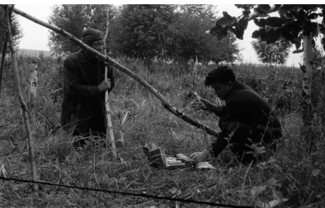 Fig. 2. Feofan A. Satlaev records the speech of an old Kumandy man while he   prepares a stand for a horse sacrifice in a birch wood near the village of Alëshkino 