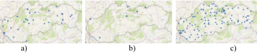 Fig. 1. Location of stations that measure concentration of a) sulphur dioxide SO 2 ,   b) chloride ions Cl - , c) temperature T and relative humidity Rh 