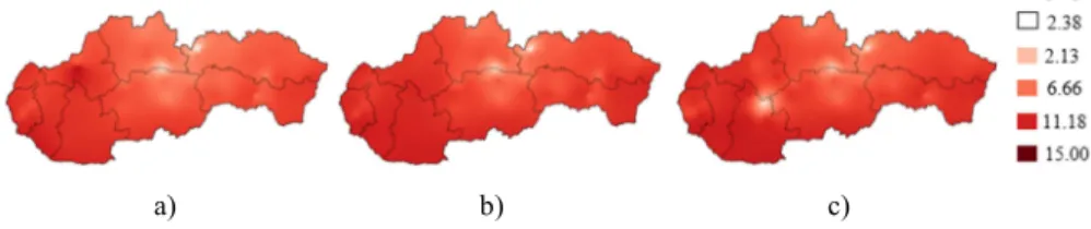 Fig. 4. Distribution of T for the first-year calculated for time periods a) 2004-2016,  b) 2004-2010, c) 2011-2014 