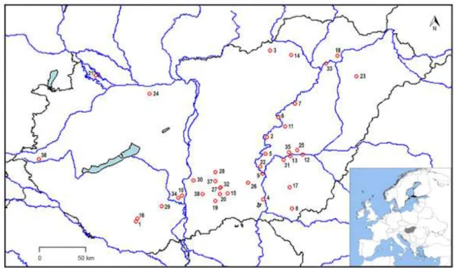 Fig.  2  Location  and  schematic  map  of  Hungary  and  the  sampling  sites.  Lake  codes  for  the  701 