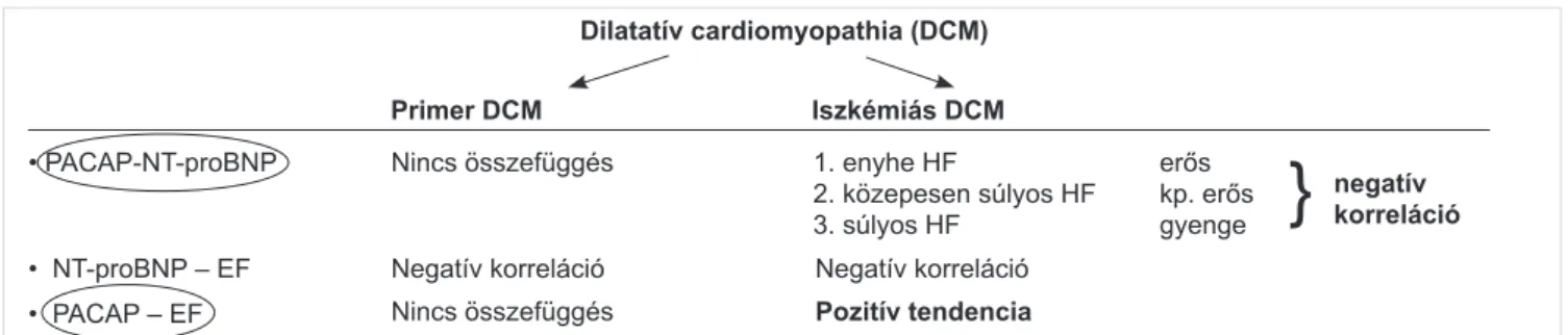 4. ÁBRA. Szívelégtelenség (HF) – dilatatív cardiomyopathia miatt gondozásunk alatt álló betegek vizsgálatának során detektált  plazma PACAP-, NT-proBNP-szintek és ejekciós frakciós (EF) értékek közötti összefüggések összefoglaló táblázata