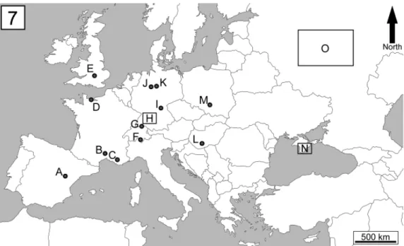 Fig. 7. Geographical distribution of Crassodontidanidae. – A = North-Eastern Spain, Moscardon  (Upper Jurassic)