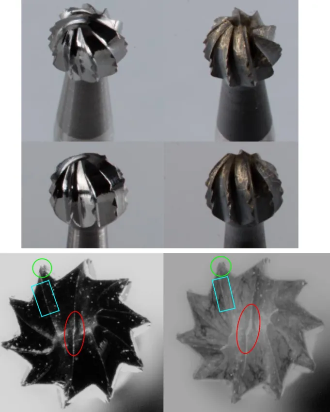 Figure 2. a) Two of the tested tungsten carbide round drills in this study. Left: new drills,  right: worn drills after 50 usage and sterilizations