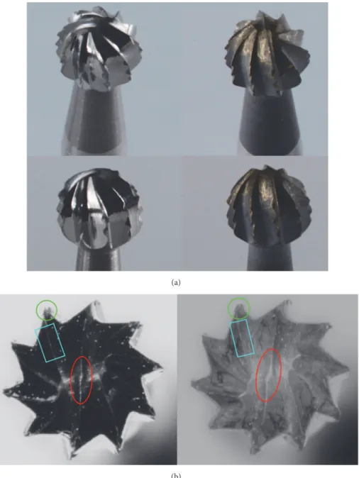 Figure 2: (a) Two of the tested tungsten carbide round drills in this study. Left: new drills and right: worn drills after 50 usage and sterilizations.