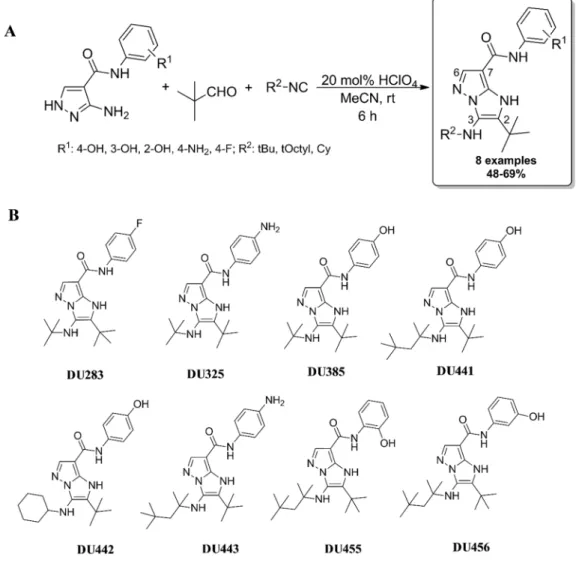 Figure 1.  (A) General procedure for the preparation of imidazo[1,2-b]pyrazoles via Groebke- Groebke-Blackburn-Bienaymé three components reaction (GBB-3CR)