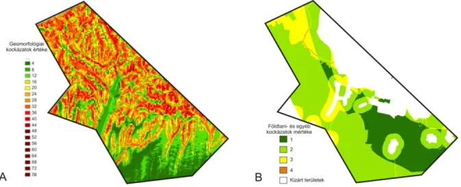2. ábra: A kutatási terület geomorfológiai kockázatok térképe (A), illetve földtani- és egyéb kockázatok térképe  (B) 