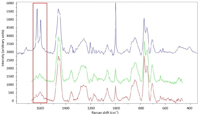 Fig. 2. Raman spectra of the EP/VE matrix after gamma irradiation with different doses (0 kGy,  25 kGy, 50 kGy from top to bottom) 